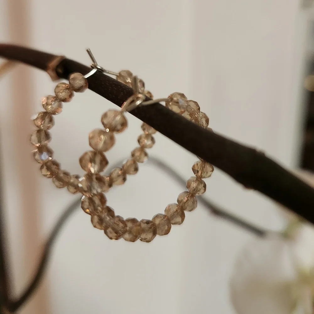 Champayne Cryatal Like Hoop Earrings - Picture 2 of 2